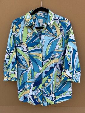 Chico’s Abstract Geometric Button Up Shirt Tropical Bold Women’s 2 Blue Green